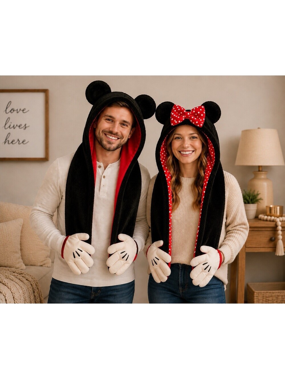 Disney Mickey & Minnie Hooded Scarf Mitten Set Plush His & Hers Pair